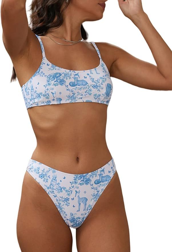 ZAFUL Women's 2 Piece Ribbed Leaf Print High Waisted Tummy Control Cami Swimsuits Bikini Bathing ... | Amazon (US)