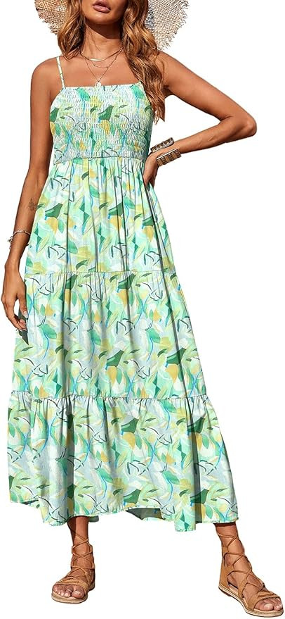 PRETTYGARDEN Women's Summer Maxi Dress Casual Boho Sleeveless Spaghetti Strap Smocked Tiered Long... | Amazon (US)