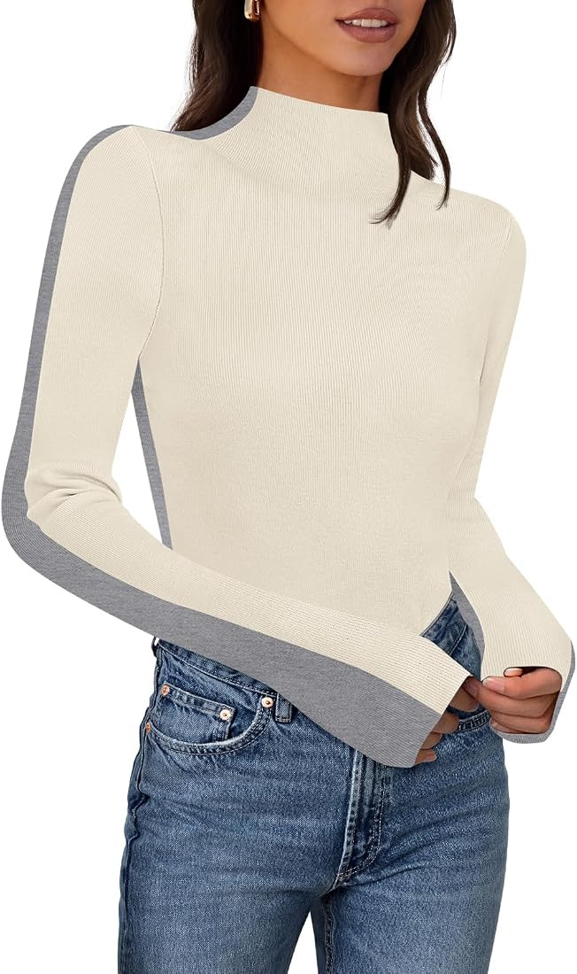 MEROKEETY Women's 2024 Fall Mock Neck Lightweight Pullover Sweater Fitted Ribbed Long Sleeve Colo... | Amazon (US)