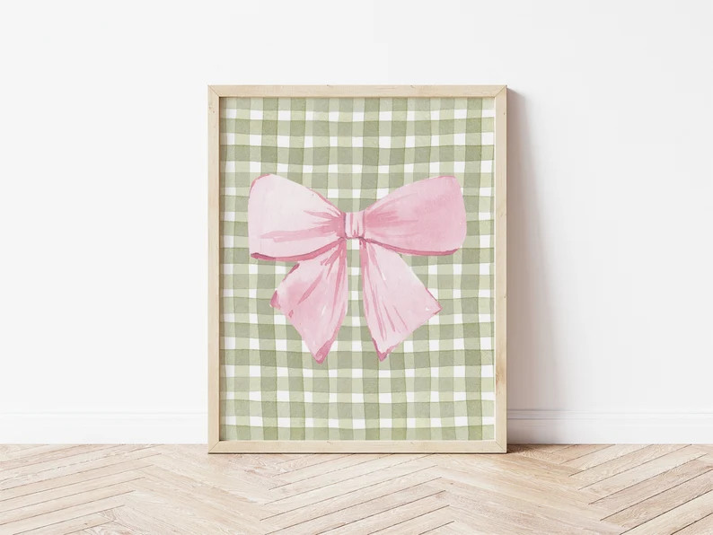 Pink Bow Print, Baby Girl Nursery, Cute Watercolor Pink Green Nursery Printable Wall Art, Green C... | Etsy (US)