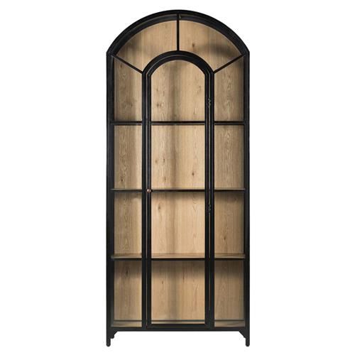 Stancil Industrial Brown Oak Wood Black Iron Clear Glass Door Arch Display Case | Kathy Kuo Home