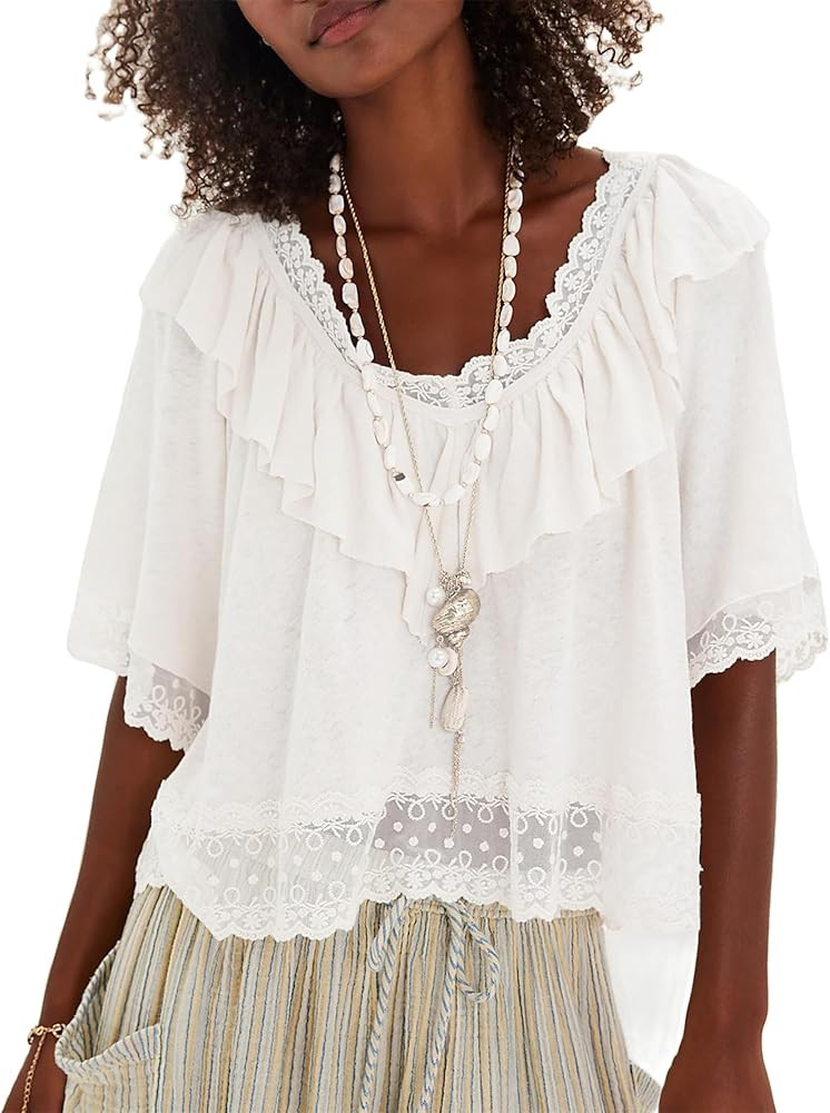 Women Lace Trim Flowy Shirt Y2k Half Short Sleeve Ruffle Low Cut Babydoll Tops Boho Cute Fairy Go... | Amazon (US)