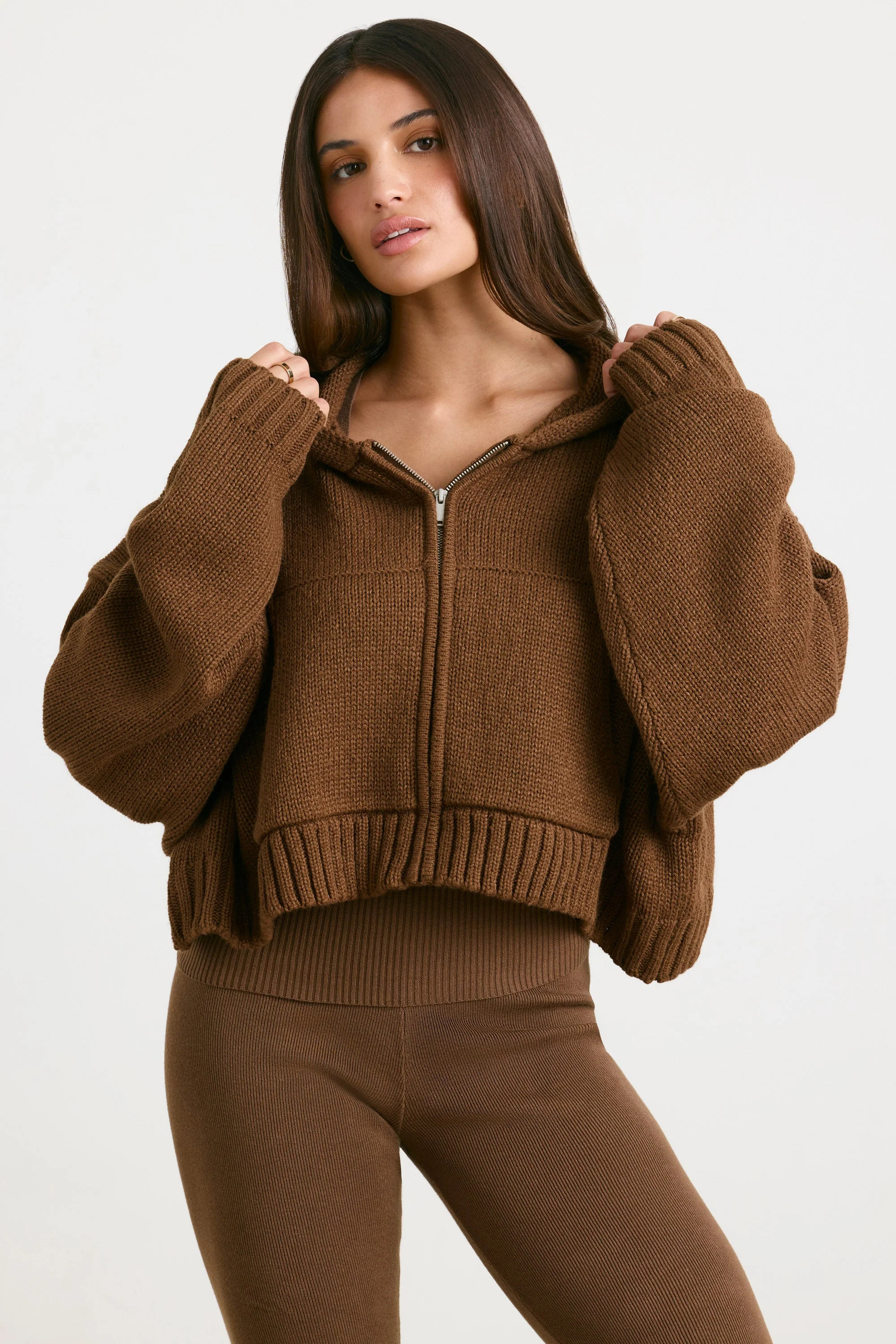 Cropped Zip Up Chunky Knit Hoodie in Espresso | Oh Polly