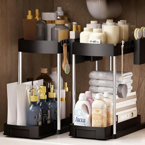 BefeShine Under Sink Organizer,2-Tier Multi-Purpose Storage Organizers for Bathroom & Kitchen,Pull-Out Under Cabinet Organizers and storage with Storage Hooks and Cup(2-Pack) | Amazon (US)