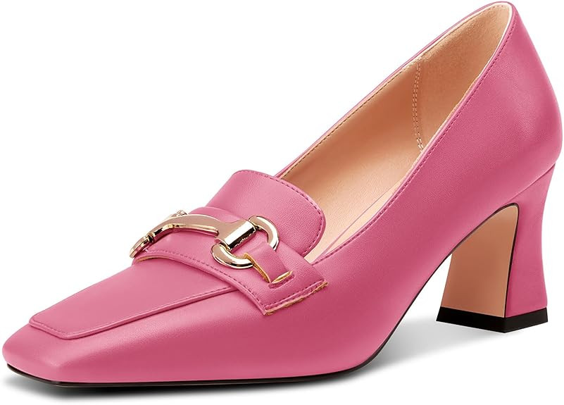 DearOnly Heeled Loafers for Women Square Toe Chunky Block Mid Heel Pumps Slip-on Metal Chain Work... | Amazon (US)