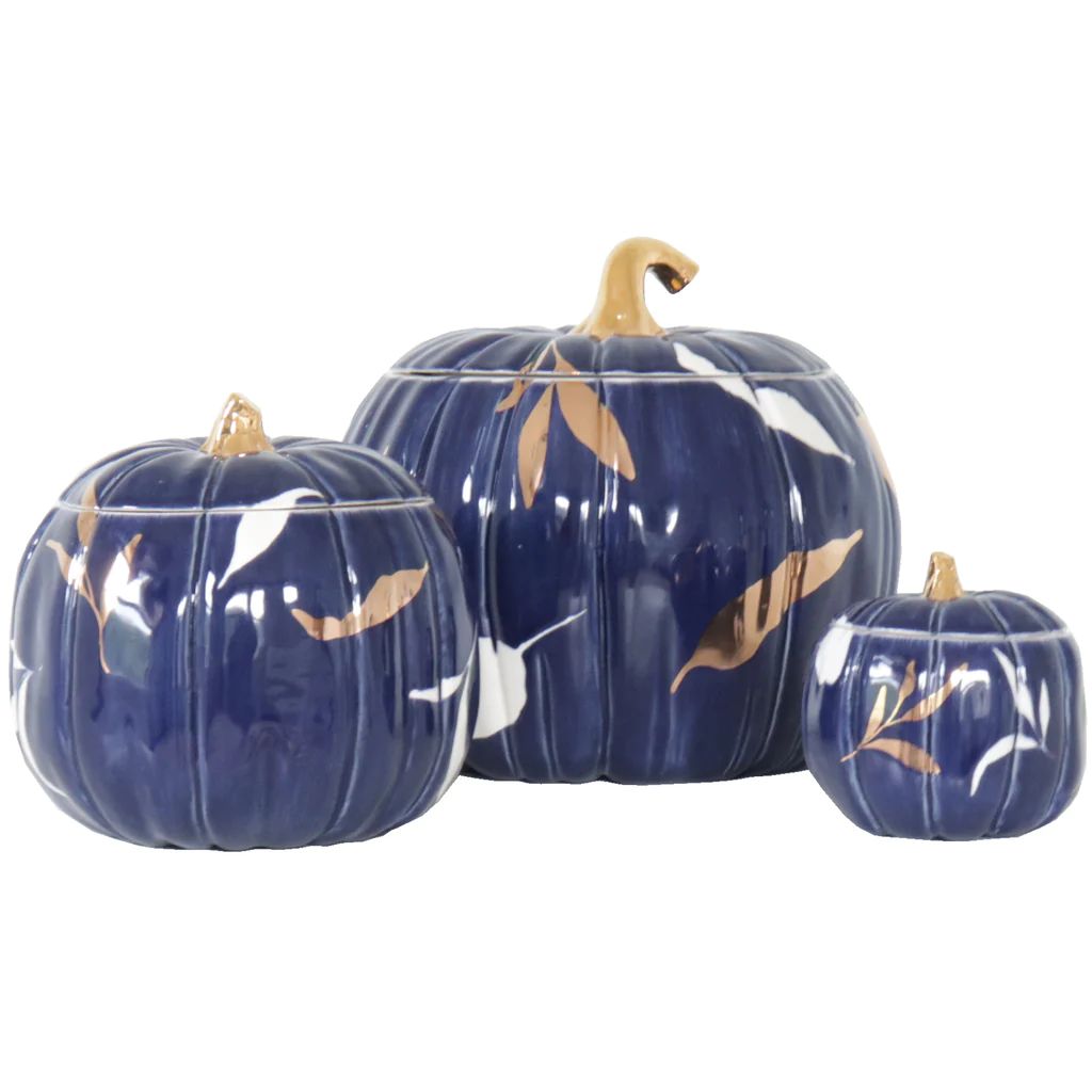 Layered Leaves Pumpkin Jars with 22K Gold Accents in Navy Blue | Lo Home by Lauren Haskell Designs