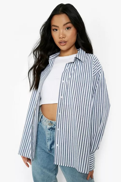 Petite Cotton Stripe Oversized Shirt | Boohoo.com (US & CA)