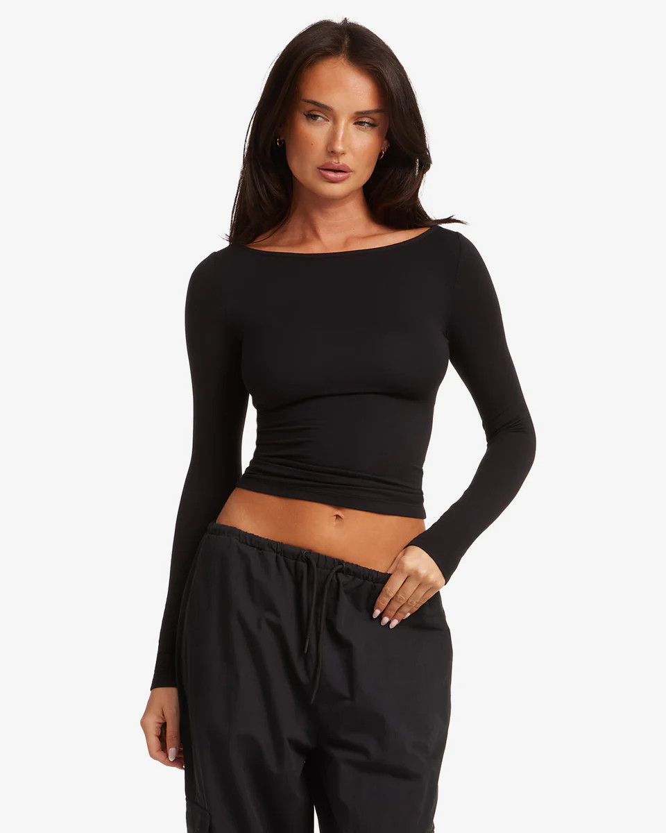 Boat Neck Long Sleeve Top | Black | Crop Shop Boutique US
