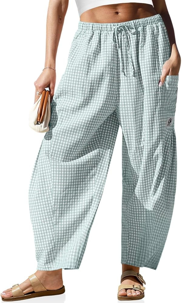 TARSE Womens Wide Leg Striped Plaid Pants Casual Barrel Loose Drawstring Low Waist Palazzo Harem ... | Amazon (US)