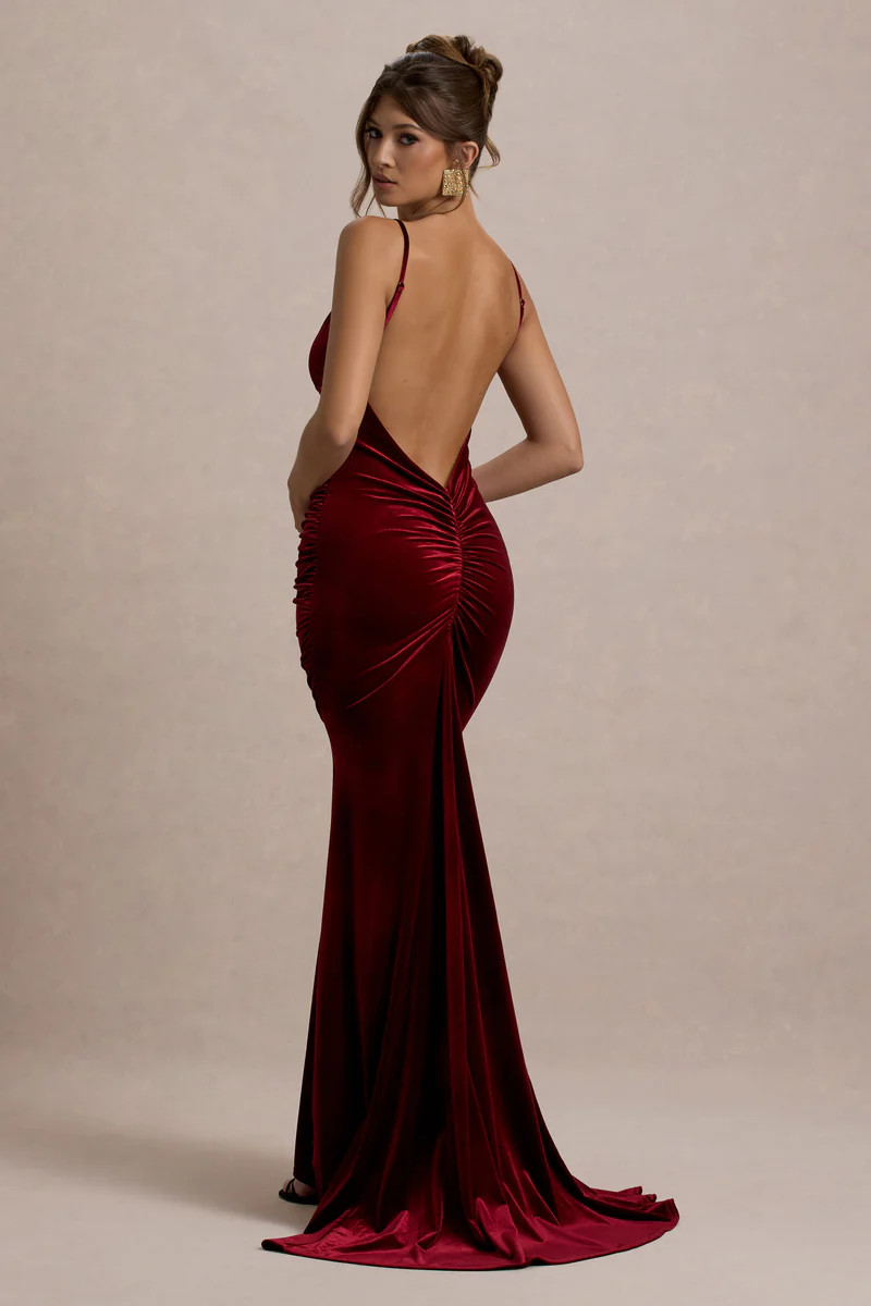 Adele  Berry Velvet Ruched Strappy Fishtail Maxi Dress | Club L London