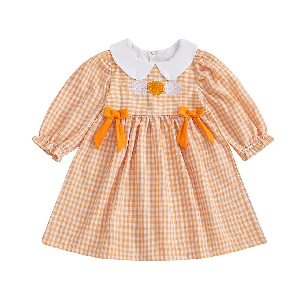 Toddler Little Baby Girl Halloween Outfit Pumpkin Dress Long Sleeve Plaid Smocked Dress Cute Fall... | Amazon (US)