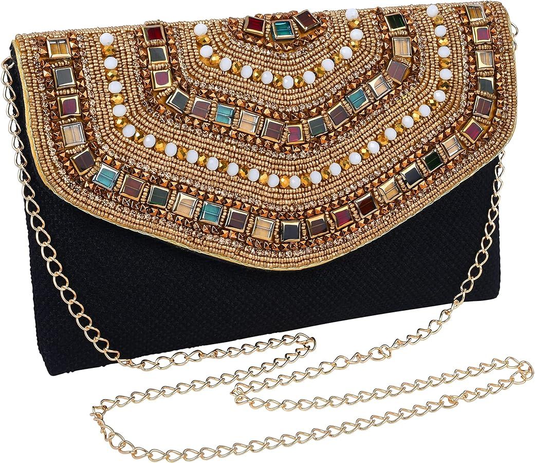Women's Black and Gold Beaded Envelope Clutch, Luxury Handmade Formal Vintage Evening Bag | Amazon (US)