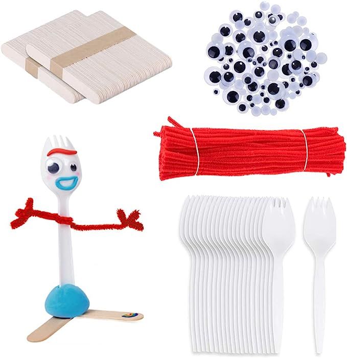 JAPI Fork Creativity Set, Plastic Sporks Red Pipe Cleaners Clever Eyes Popsicle Stick | Amazon (US)