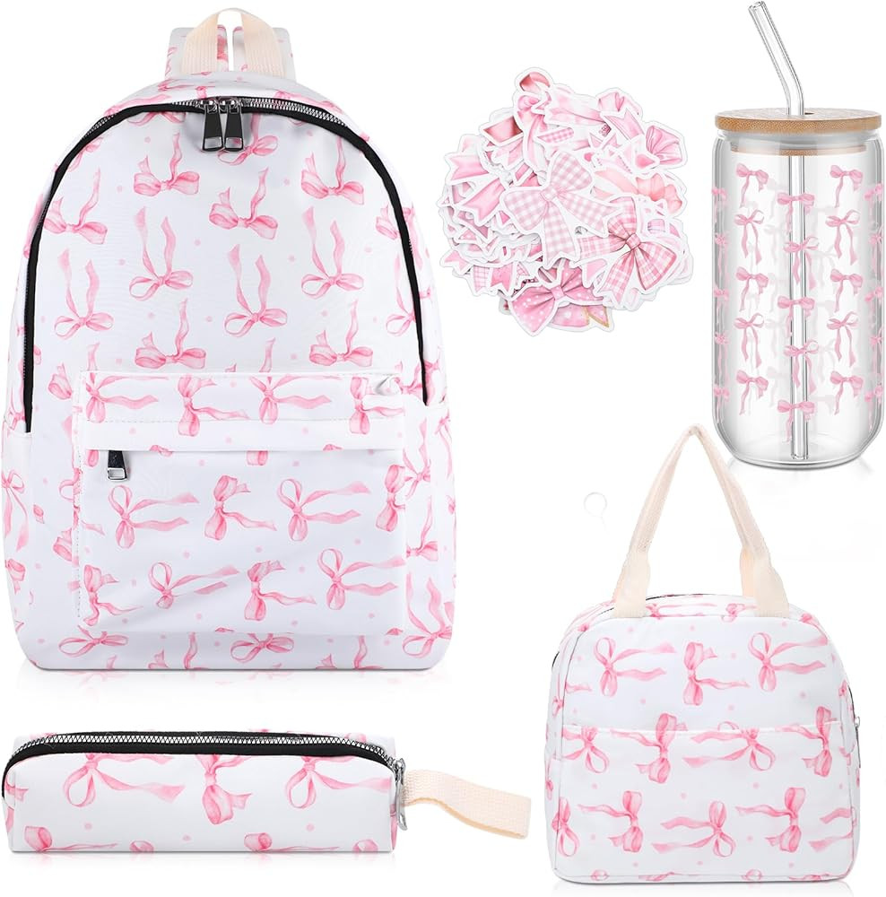 5 Pcs Pink Bow Backpack Set Preppy Bookbag Coquette Foldable Lunch Bag Cute Water Cup Pencil Case... | Amazon (US)