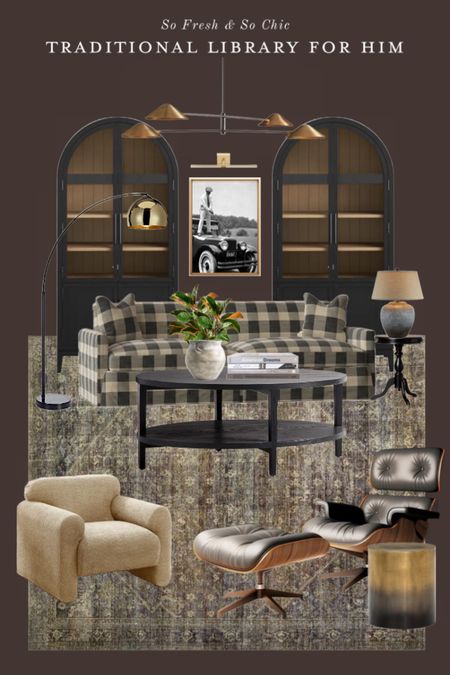 Masculine and moody traditional library for him!
-
Plaid checkered sofa - Amber Lewis Loloi Morgan rug - black pedestal accent table - traditional room decor - boucle armchair tan - Eames lounger dupe - brass drum accent table - oval wood coffee table - grey shaded vase - faux magnolia branches - brass arc floor lamp - grey ceramic large table lamp with beige shade - arched black bookshelf with doors - vintage golf poster - affordable digital printable art - minimalist brass picture light - dark room - moody library decor - modern man cave - traditional lounge room - white book stack - perigold - Wayfair - crate and barrel - Amazon home

#LTKhome #LTKfindsunder100 #LTKGiftGuide