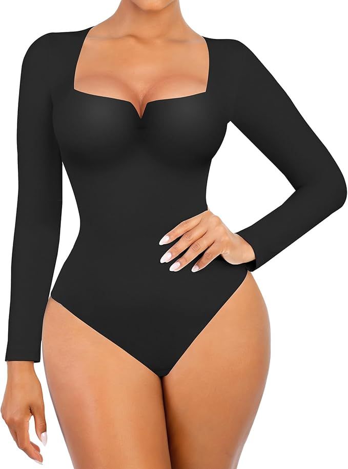 FeelinGirl Square Neck Bodysuit for Women Long Sleeve/Sleeveless Tummy Control Slimming Bodysuit ... | Amazon (US)