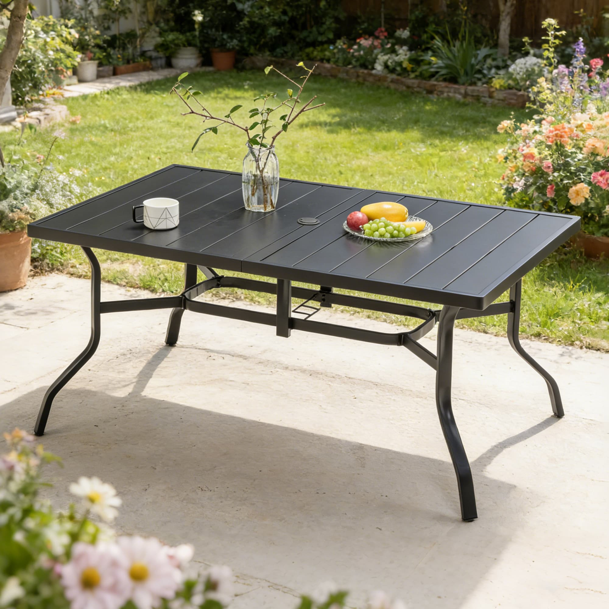 Blisstyle Outdoor Dining Table for 6 Powder Coated Steel Slat Top with 2.16 Inch Umbrella Hole Anti Slip Pads E Coating Frame All Weather Black Patio | Lowe's