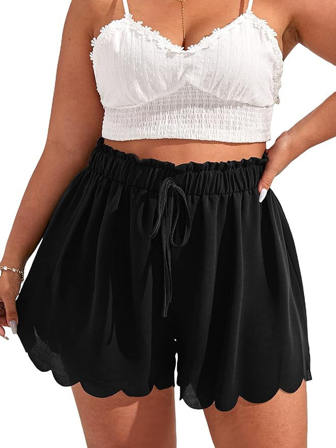 MakeMeChic Women's Plus Size Elastic Waist Scallop Trim Flowy Wide Leg Shorts | Amazon (US)