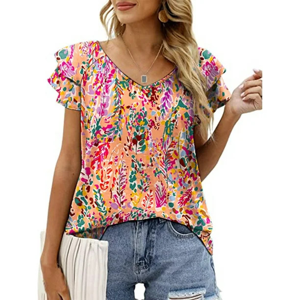 Mengpipi Womens Tops 2023 Summer Double Ruffle Short Sleeve V-Neck Casual Blouses, Colorful Leave... | Walmart (US)