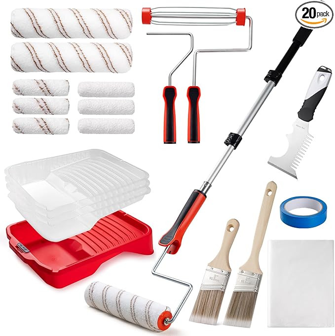 Mister Rui 20-Piece 9" Paint Roller Kit with 3-Ft Extension Pole, Tray, Liners, Frames, Covers, B... | Amazon (US)