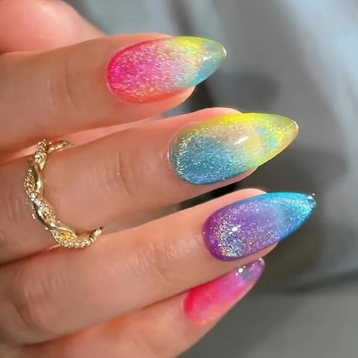 Colorful Cat Eye Press on Nails - Medium Length Almond Shaped False Nails - Candy Colors Stick on... | Amazon (US)