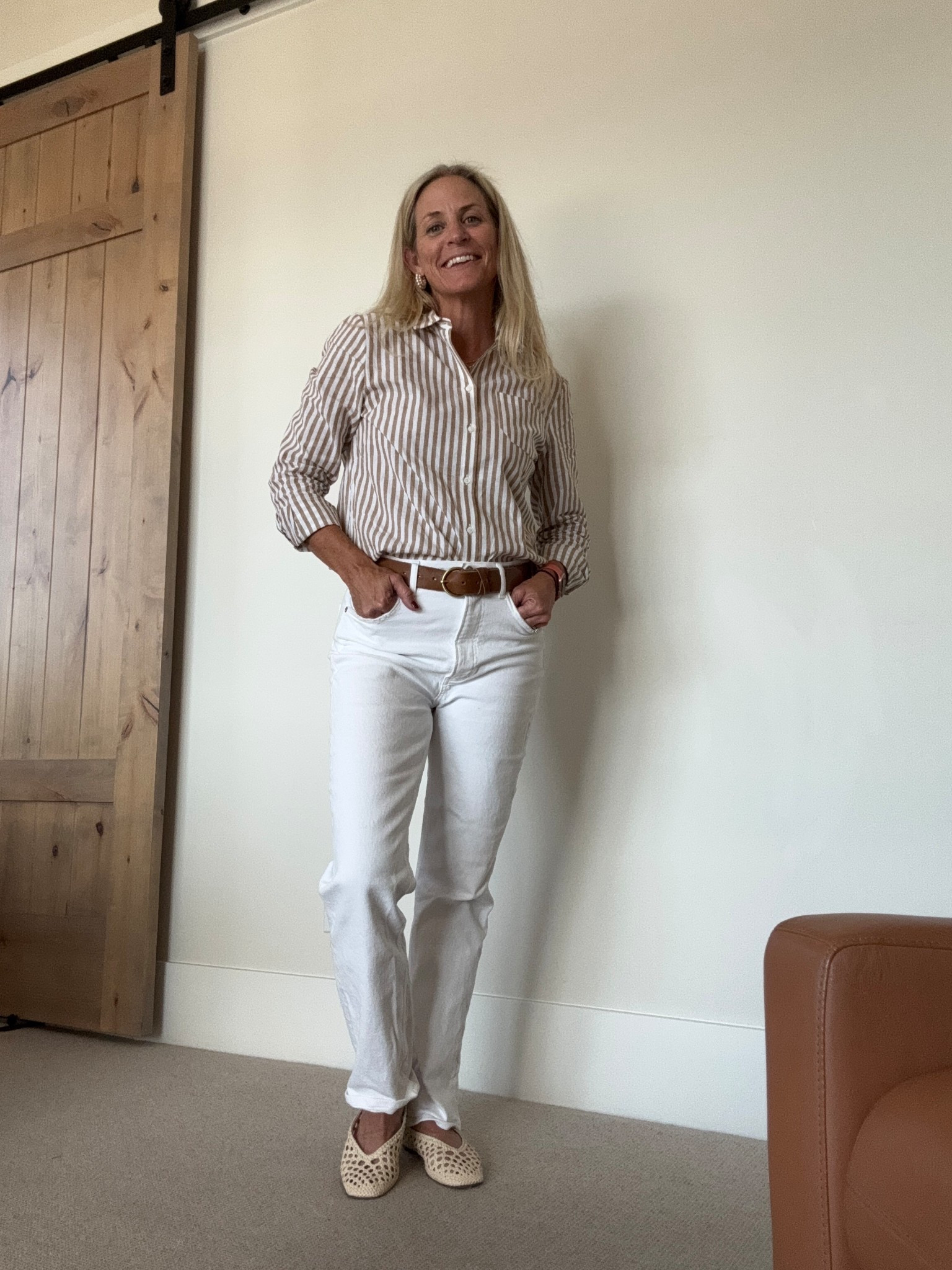 First day of school- Sezane camel striped shirt, and the j crew leather flats in cream and pearly earrings. I also had my new Sezane Will jacket but didn’t wear because it was too hot!