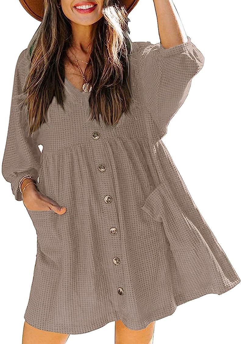 Women Waffle Knit Tunic Dress Casual Sweater Dresses Pullover with Pockets Fall Flowy Babydoll Dress | Amazon (US)