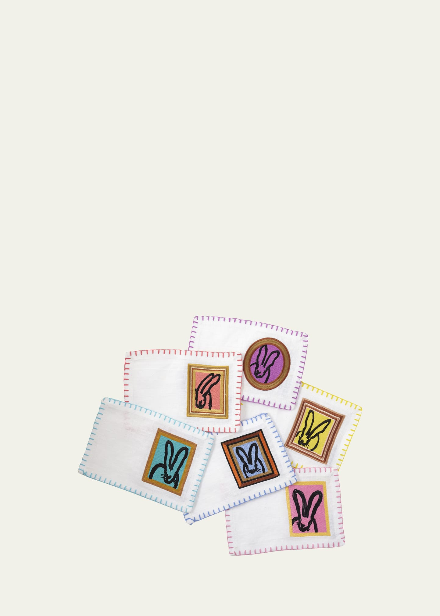 Hunt Slonem Framed Bunny Embroidered Linen Cocktail Napkins, Set of 6 | Bergdorf Goodman