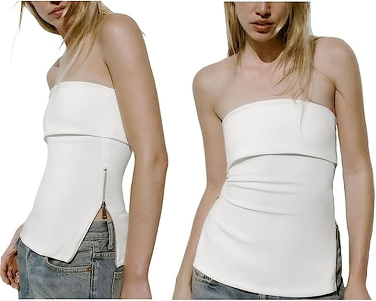 LOFAAC Women Sexy Strapless Zipper Split Side Knit Bandeau Tube Top Y2K Slim Sleeveless Backless ... | Amazon (US)