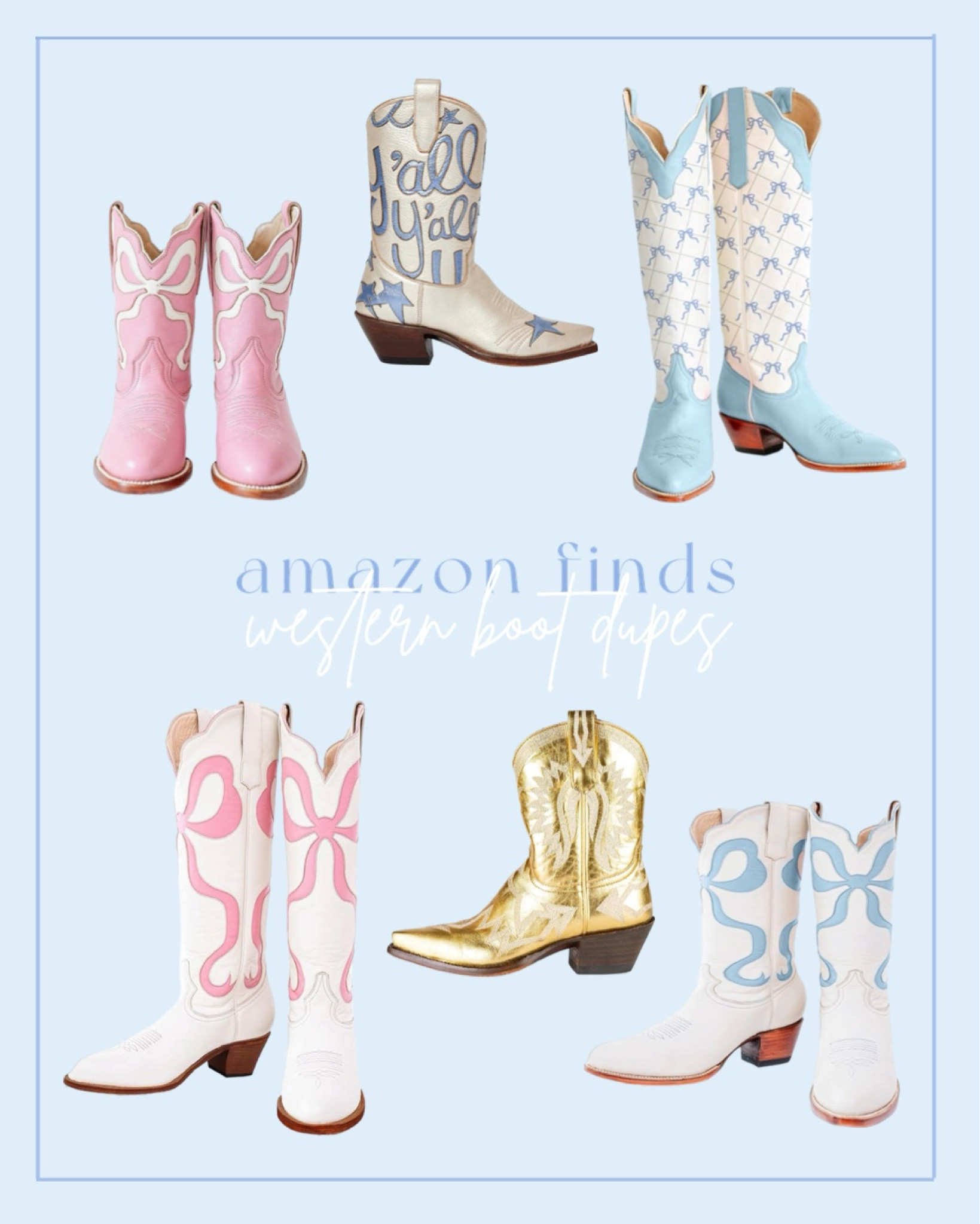 Amazon Western Cowgirl Boots 


Petite Paloma Look alike | Miron Crosby Dupes | Bow Boots | Gold Metallic Boots | Girly Boots | Tall Boots | Game Day Boots | Game Day Fashion | Grand Millennial | 

#LTKSeasonal #LTKU #LTKShoeCrush