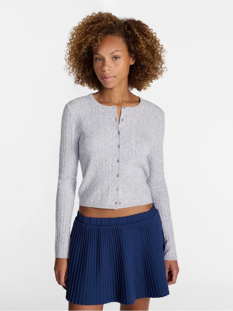 No Boundaries Cable Knit Crewneck Cardigan, Women's XXS-4X | Walmart (US)