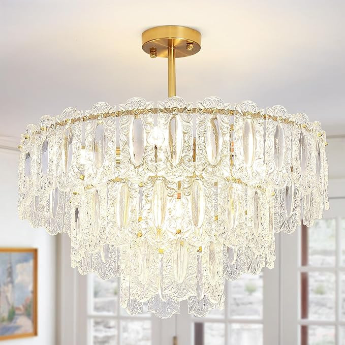9-Light Crystal Chandelier, 24 Inch Gold Luxury Semi Flush Mount Crystal Ceiling Light Fixture wi... | Amazon (US)