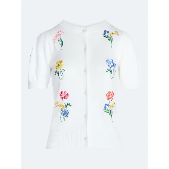 Free Assembly Women's and Women's Plus Embroidered Cardigan Sweater with Puff Sleeves, Lightweigh... | Walmart (US)
