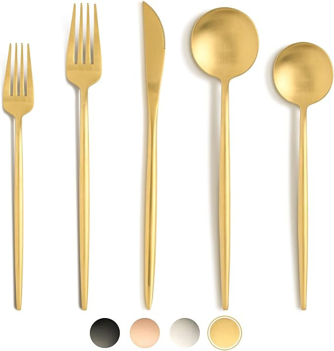 Amazon.com | BirdyFly Gold Silverware Set, 20 Piece Stainless Steel Flatware Set Service for 4, M... | Amazon (US)