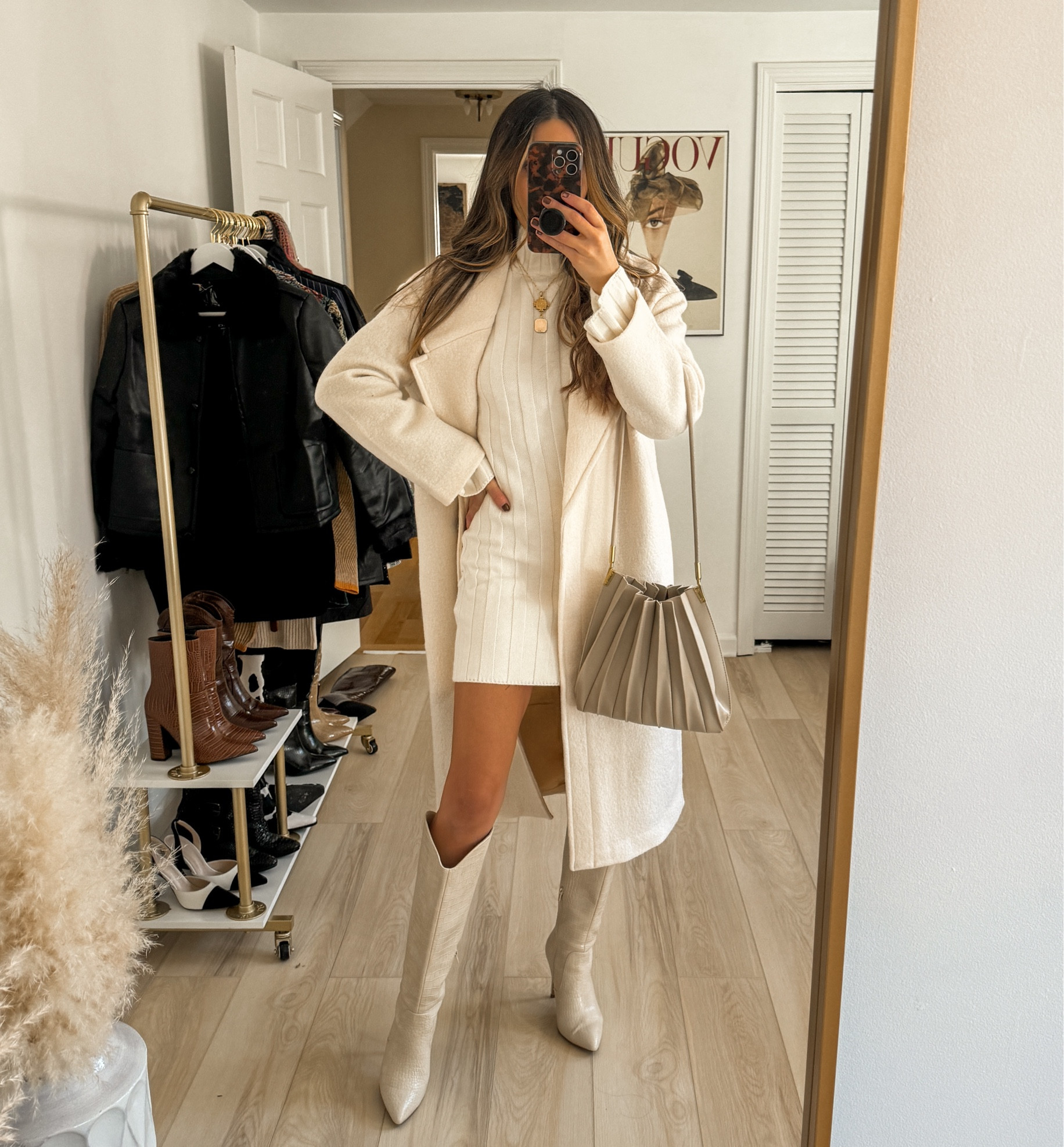 Creamy neutral all white outfit with gold layering jewels 

Fall style | soft girl fall | sweater dress outfit | boot outfit 

#LTKHoliday #LTKfindsunder100 #LTKSeasonal
