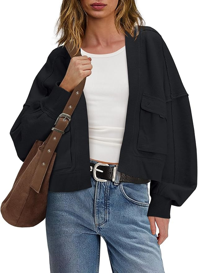 Panadila Womens Cropped Jackets Oversized Cardigans Long Sleeve Open Front Sweatshirt Cardigan Fa... | Amazon (US)