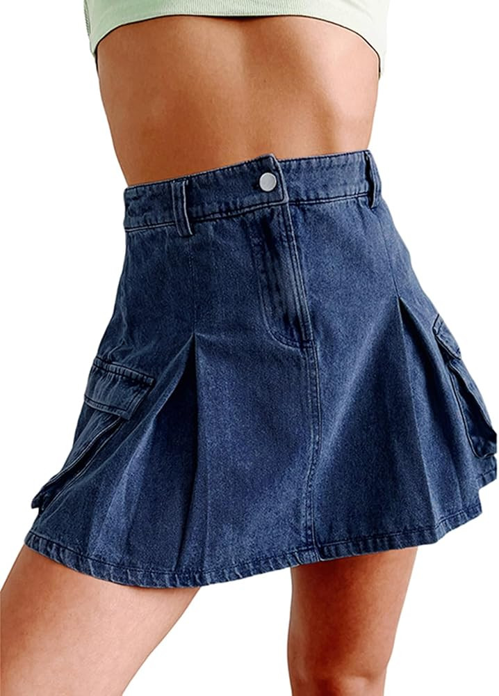 Fisoew Women's High Waisted Cargo Jean Skirt A-line Pleated Mini Denim Skirts with Pockets | Amazon (US)