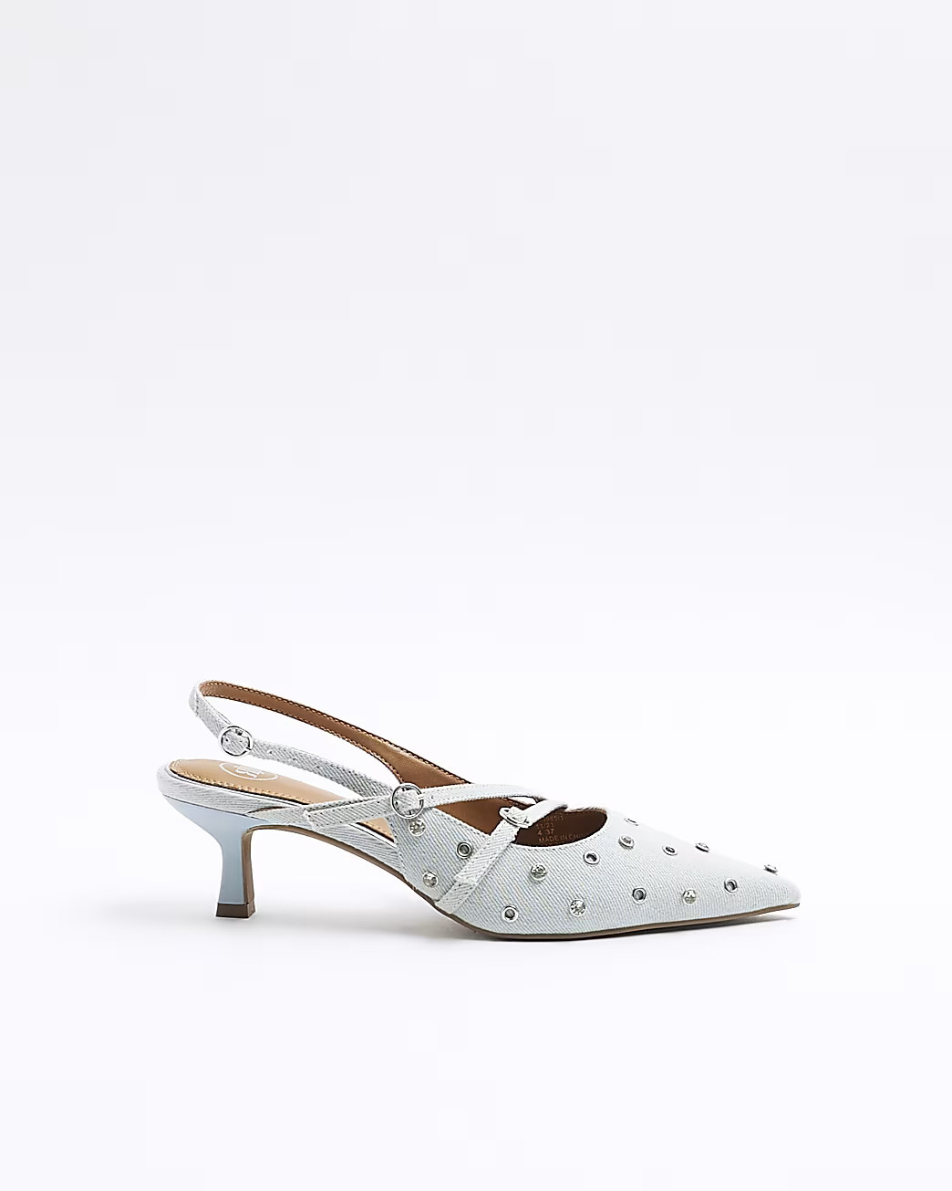 River Island Womens Blue Eyelet Denim Heeled Court Shoes | River Island (UK & IE)