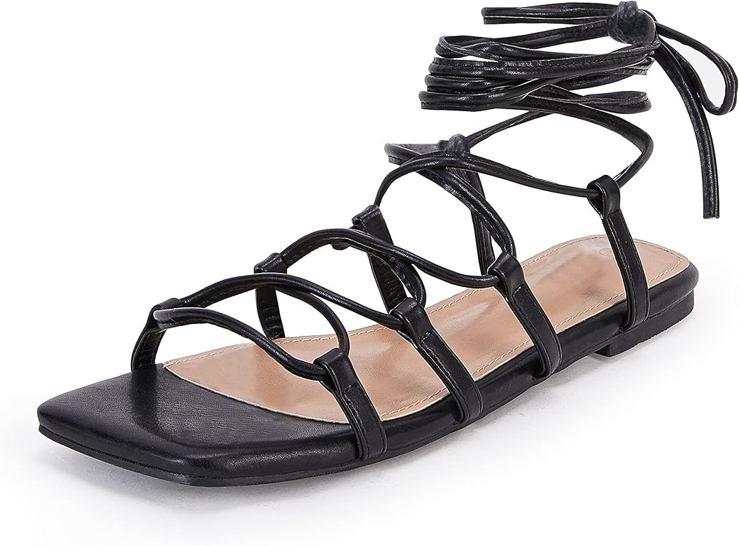 PiePieBuy Womens Lace up Square Toes Flat Sandals with Ankle Strap Summer Criss-Cross Gladiator S... | Amazon (US)