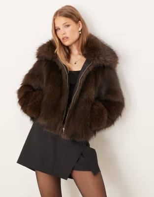 Threadbare short fur jacket with collar in chocolate | ASOS (Global)