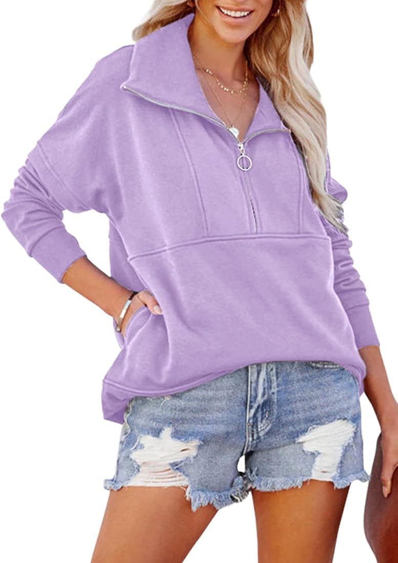 ROSKIKI Sweatshirt for Women Casual Boho V Neck Zipper Pockets Long Sleeve Pullover Tops | Amazon (US)