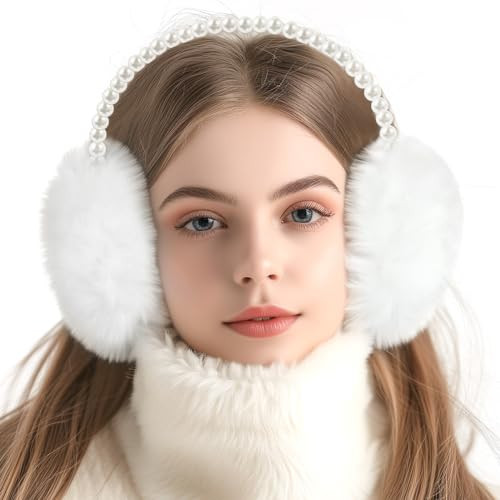 White Ear Muffs for Winter Women, Cute Pearl Earmuffs Womens Kids Soft Plush Ear Warmers Outdoor Fuzzy Ear Covers for Cold Weather | Amazon (US)