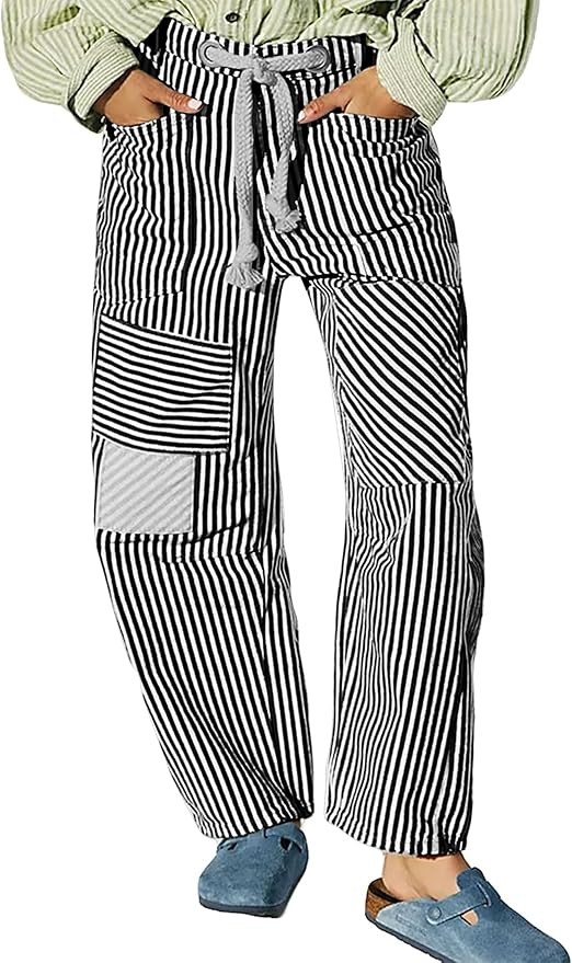 Women Drawstring Striped Barrel Pants Casual Low Waist Wide Leg Stripe Trousers Loose Comfy Loung... | Amazon (US)