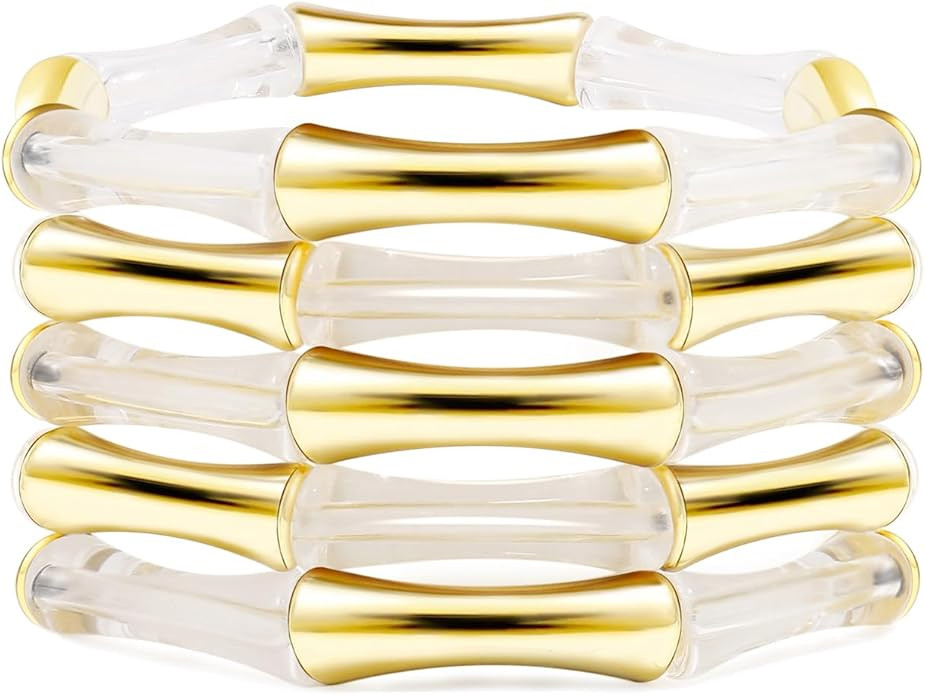Gold Tube Bangle Bracelets for Women Stackable Bamboo Chunky Acrylic Beads Stretch Friendship Sum... | Amazon (US)
