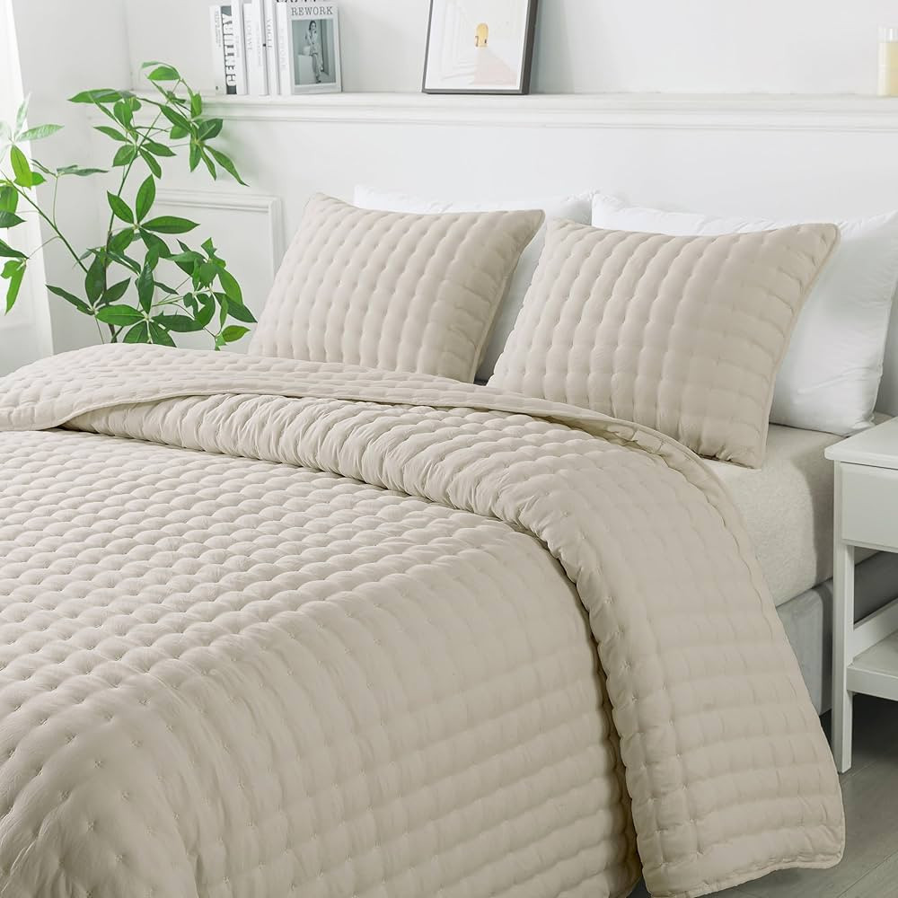 WDCOZY Beige King Size Quilt Bedding Sets with 2 Pillow Shams, Neutral Lightweight Soft Bedspread... | Amazon (US)