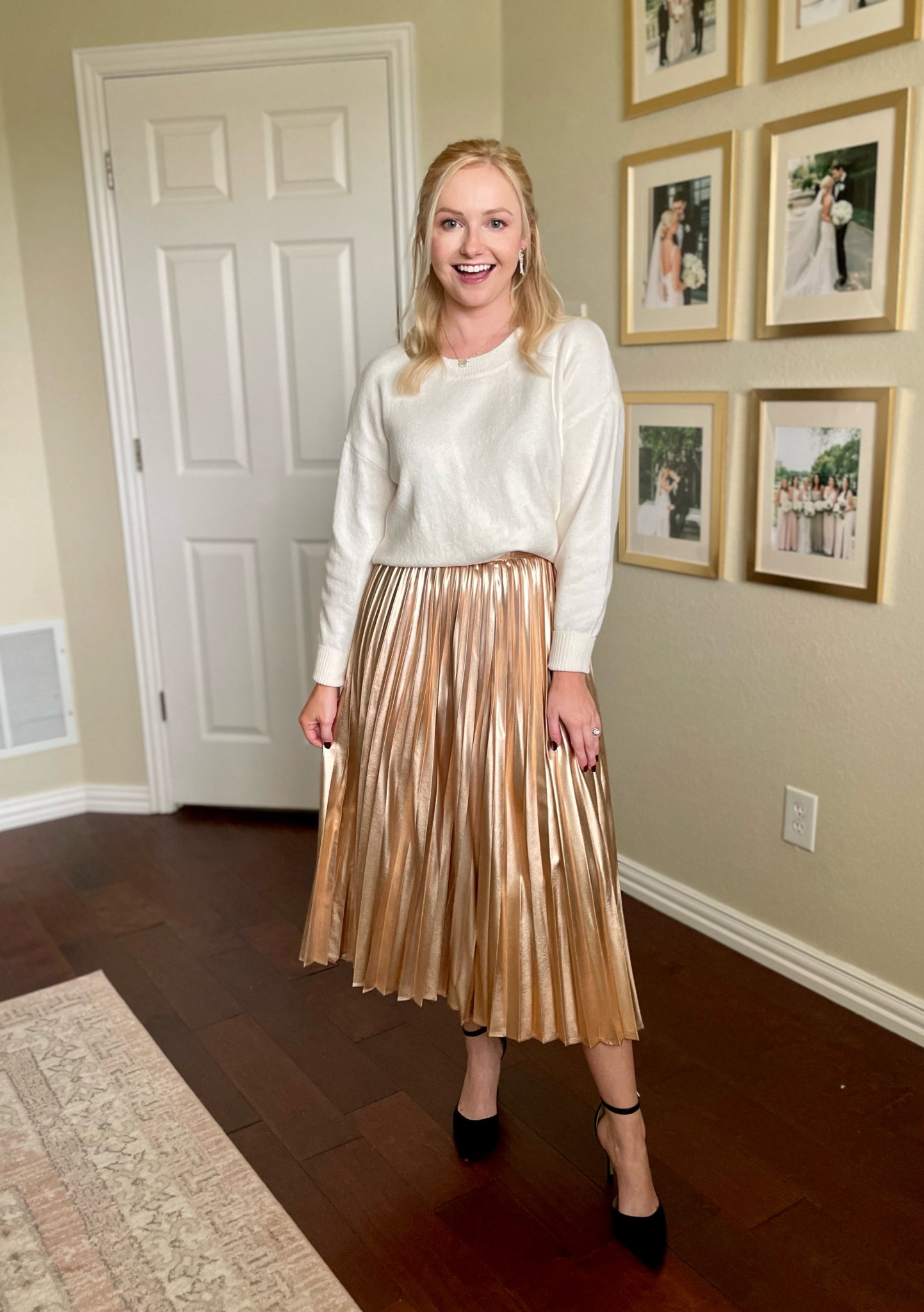 Wearing an XS in sweater and 0P in skirt | holiday outfit, holiday look, gold skirt, pleated skirt, midi skirt, neutral outfit, champagne skirt, holiday party, holiday party outfit, cream sweater, neutral sweater, petite outfit 

#LTKHoliday #LTKstyletip #LTKSeasonal