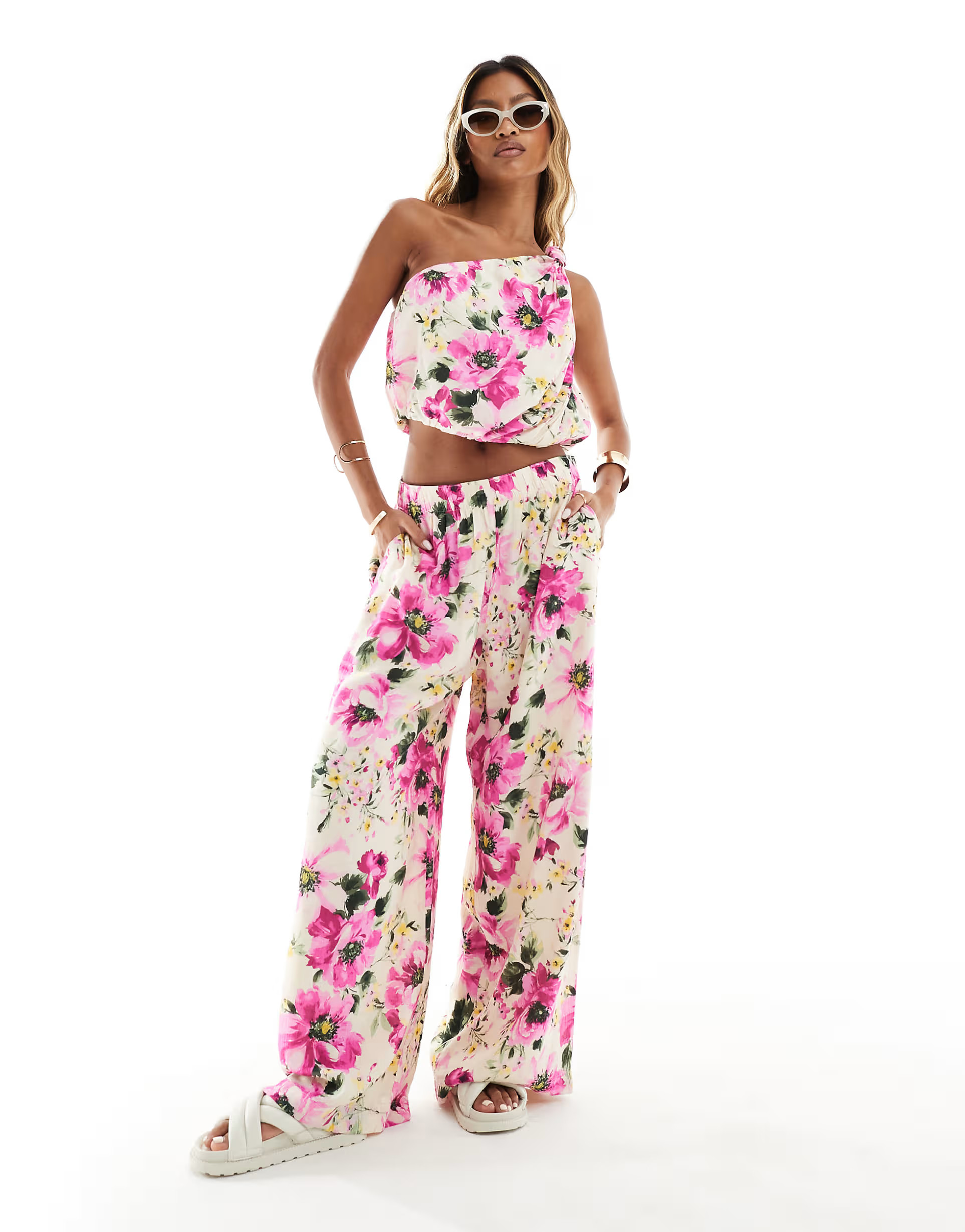 Abercrombie & Fitch co-ord crinkle wide leg trousers in pink floral print | ASOS (Global)