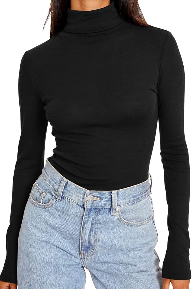 Trendy Queen Women's Turtleneck Long Sleeve Shirts Fall Fashion Basic Layering Slim Fit Soft Ther... | Amazon (US)