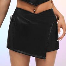 Buckle Detail Asymmetrical Hem PU Leather Skirt | SHEIN