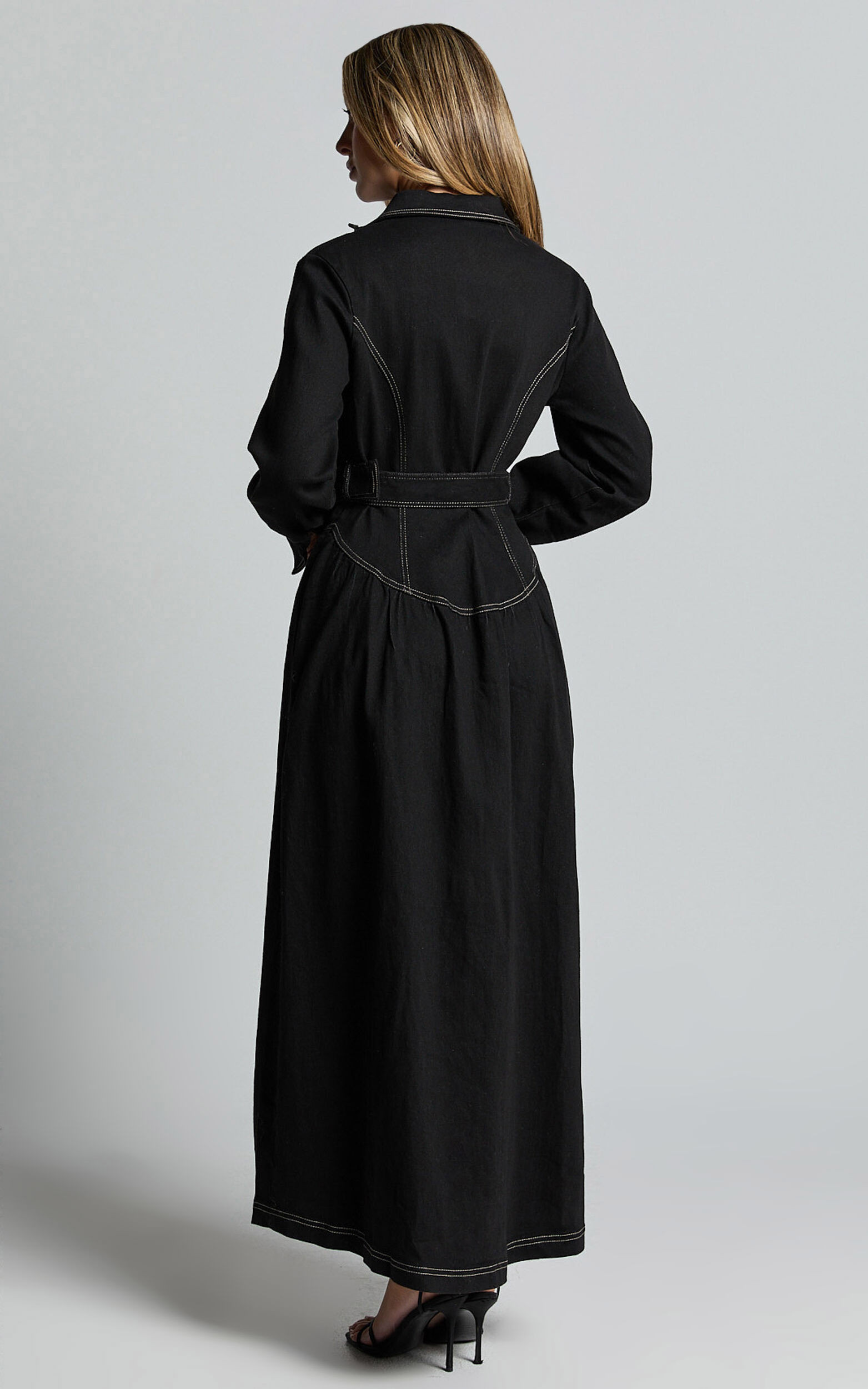 Brienna Midi Dress - Long Sleeve Contrast Stitching Belt Detail Denim Midi Dress in Black | Showpo (ANZ)